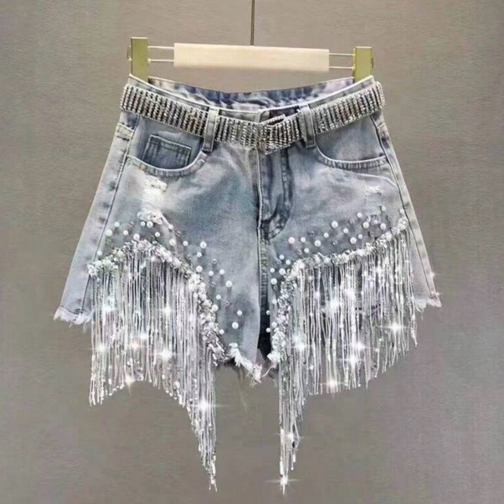 Embellished Light Wash Denim Fringe Shorts